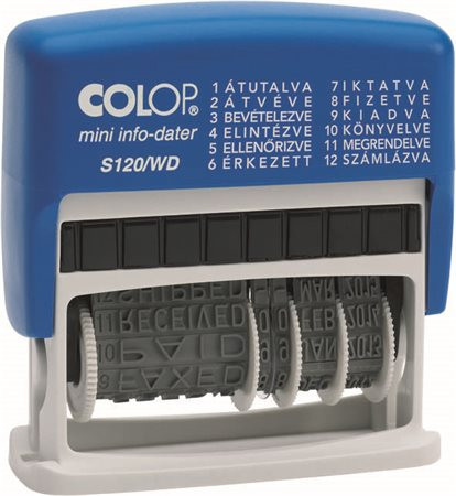 Dátumbélyegző- és szövegbélyegző, 12 féle szöveggel, COLOP "S120/WD"